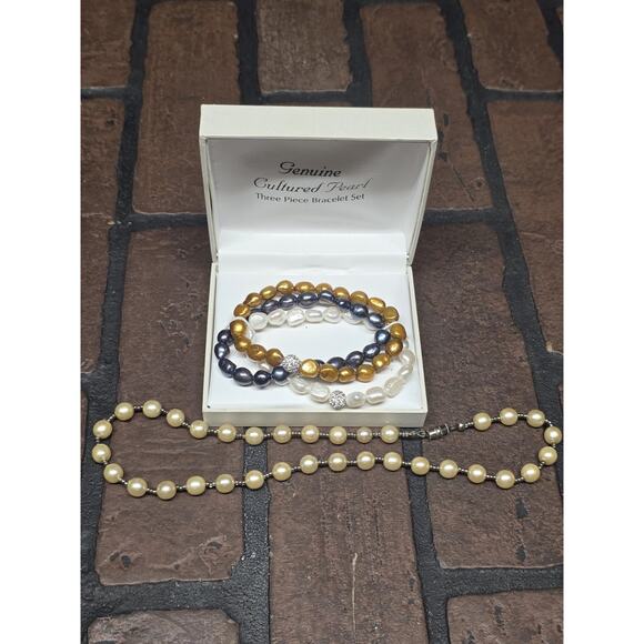 Genuine Cultured Pearl Necklace Bracelet Jewelry Set - Picture 1 of 5